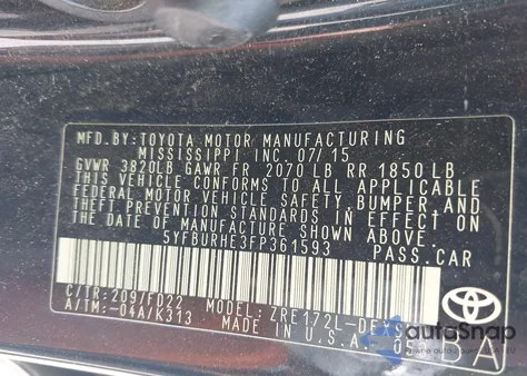 2015 Toyota Corolla S Plus z USA, uszkodzony, nr VIN 5YFBURHE3FP361593